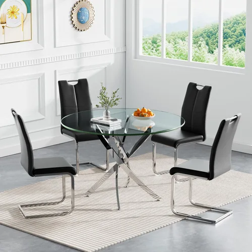 Miniatura 13 de Juego de mesa redonda de comedor para 2, juego de mesa de comedor de 3 piezas con mesa de comedor de vidrio plateado de 36 pulgadas y 2 sillas
