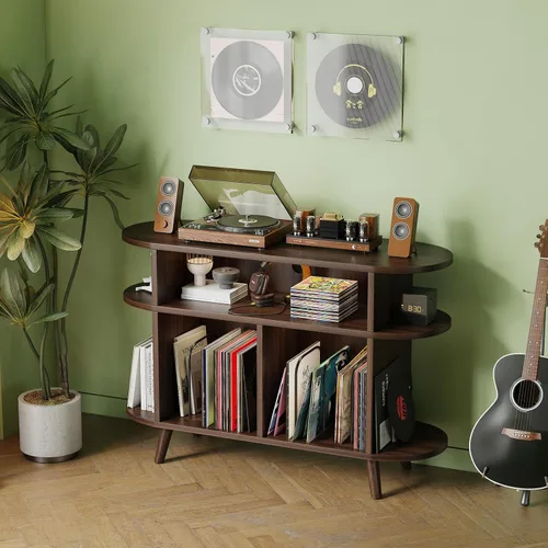 Miniatura 3 de LIVEHOM Soporte redondo grande para tocadiscos, armario de almacenamiento de discos de madera, soporte para discos de vinilo con área