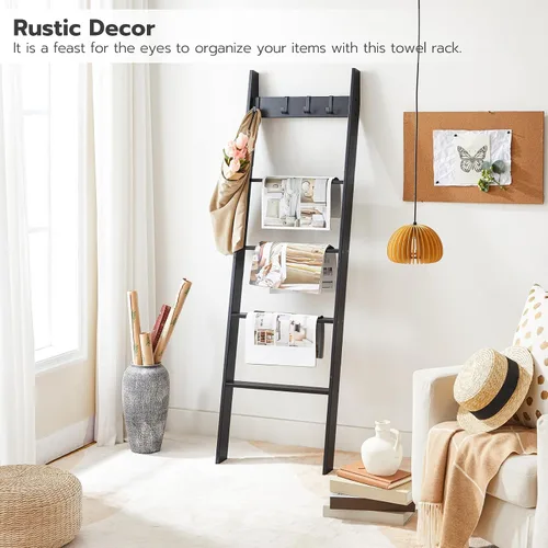 Miniatura 6 de HOOBRO Escalera para Mantas para Sala de Estar y Dormitorio, Toallero Inclinado contra la Pared de 5 Niveles para Baño, Estante de Escalera