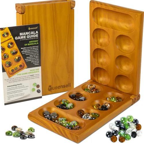 Mancala - Juego de mesa con bloqueo magnético, juego plegable clásico para 2 jugadores, juego de mancala de madera con 56 guijarros de cristal,