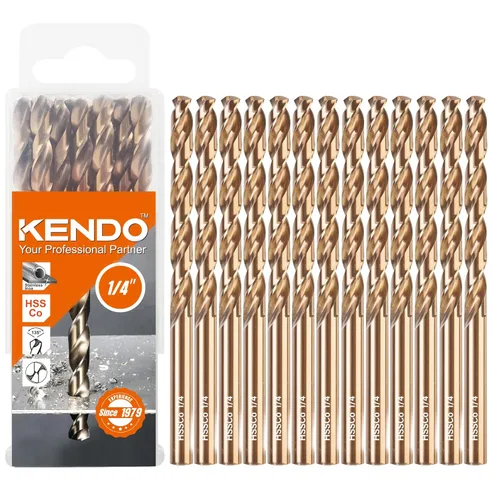 KENDO Brocas de cobalto de 1/4 pulgadas (13 unidades), acero de alta velocidad M35, punta de 135 grados, juego de brocas helicoidales de longitud