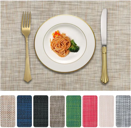 Miniatura 10 de Juego de 4 manteles individuales de vinilo, tejido de PVC, lavables, antideslizantes, resistentes al calor, sin arrugas, para mesa de comedor, Beige