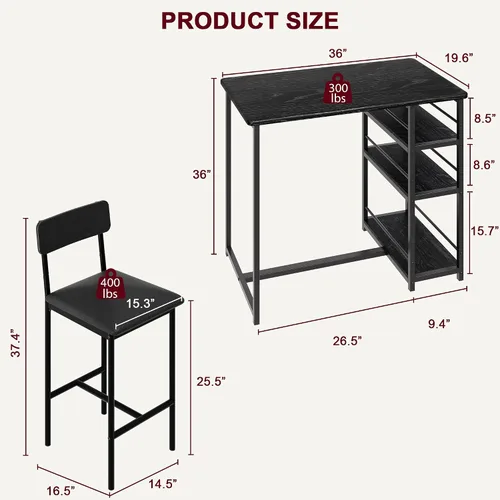 Miniatura 5 de Juego de mesa de comedor para 2 personas con 3 estantes de almacenamiento, juego de mesa de cocina de 3 piezas con 2 taburetes de bar tapizados