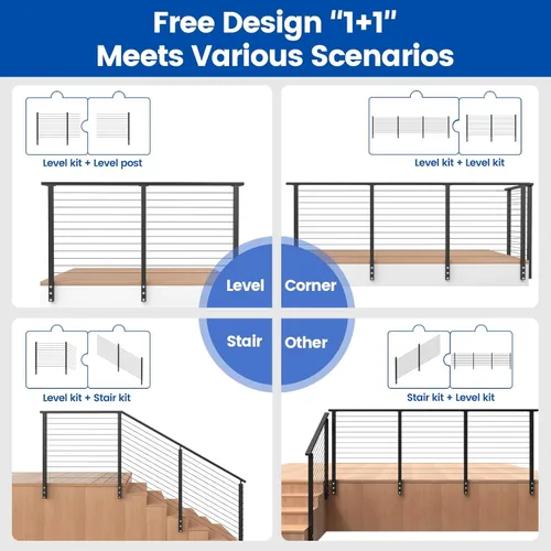 Miniatura 4 de Muzata Kit de barandilla de cable modular negro de 5 a 10 pies de 42 pulgadas, kit de poste de 2 niveles de 42 pulgadas, sistema completo