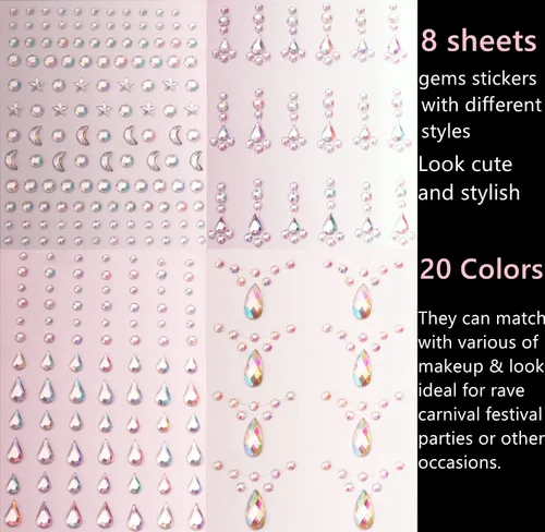 Miniatura 5 de 8 hojas de gemas faciales para maquillaje, 20 colores, diamantes de imitación, perlas para el cabello, gemas para ojos, joyas para el cuerpo, arte