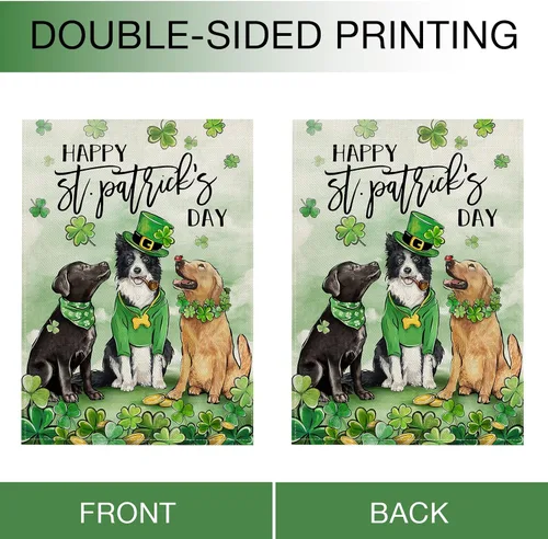 Miniatura 3 de Hzppyz Bandera de jardín con diseño de perros del Día de San Patricio, de doble cara, trébol de trébol dorado para cachorros, decoración pequeña