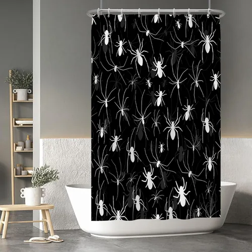 Miniatura 136 de Cortina de ducha de fantasma y gato negro para niños, 36 x 72 pulgadas, espeluznante y bonita, cortina de baño de Halloween con 6 ganchos, cortina
