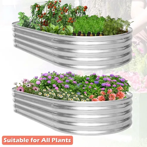 Miniatura 2 de HKLGorg Cama de jardín elevada galvanizada, caja de metal galvanizado de 6 x 3 x 1 pies, macetero ovalado grande elevado para flores, verduras