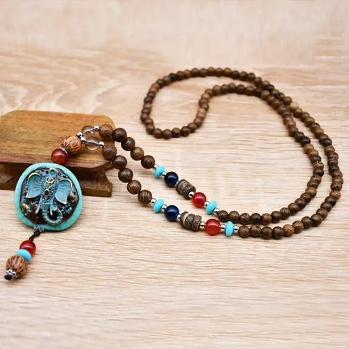 Miniatura 5 de Collar largo vintage hecho a mano con cuentas de madera turquesa para mujer joyería de moda Metal
