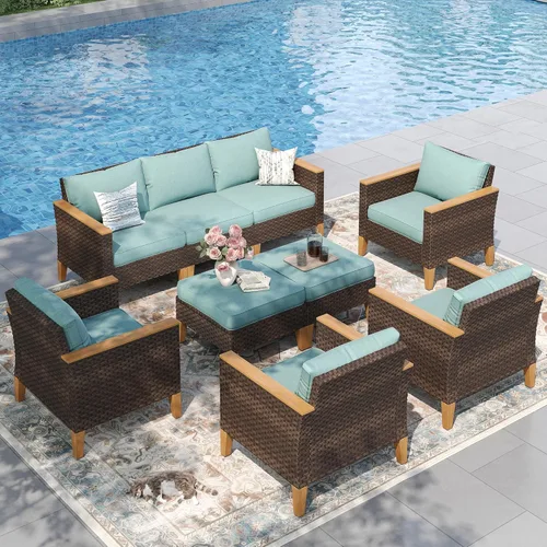 Miniatura 36 de PHI VILLA Otomana de mimbre para patio, 2 piezas, asiento otomano de mimbre para todo tipo de clima, reposapiés para exteriores con cojines