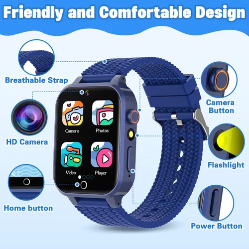 Miniatura 7 de Reloj inteligente para niños de 5 a 12 años, reloj para niños con 26 juegos, cámara, reproductor de música, podómetro, seguimiento de hábitos, Azul