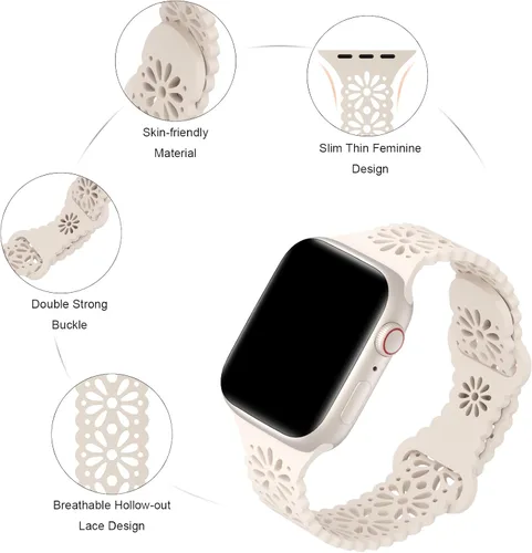 Miniatura 3 de Paquete de 6 correas de silicona delgadas y huecas de encaje compatibles con Apple Watch de 1.496 pulgadas, 1.575 pulgadas, 1.614 pulgadas, 1.654