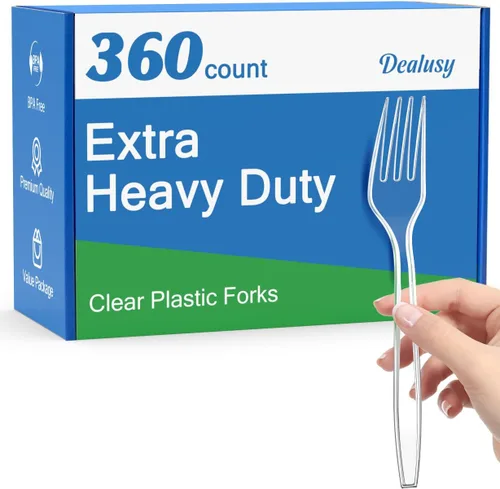 Dealusy 360 tenedores de plástico transparente extra resistentes, desechables, sin BPA, resistentes al calor, tenedores desechables sólidos y