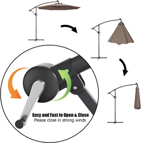 Miniatura 8 de Tangkula Sombrilla solar de patio de 10 pies, sombrilla voladiza para exteriores con rotación de 360 grados, poste de aluminio, fácil ajuste de Café