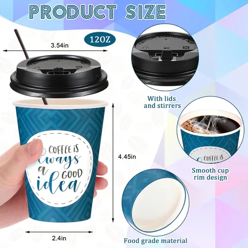 Miniatura 4 de Gerrii Paquete de 100 Tazas de Café Desechables con Tapas y Pajitas, Tazas de Papel Motivacionales con 6 Frases y Diseños, Tazas Calientes