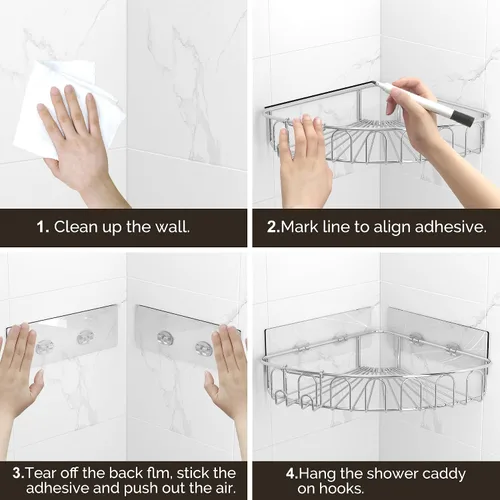 Miniatura 5 de Orimade Estante de ducha de esquina de acero inoxidable con ganchos, estante de baño montado en la pared, organizador de almacenamiento adhesivo