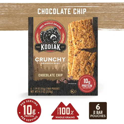 Miniatura 6 de Kodiak Cakes Barritas crujientes de granola Protien, chispas de chocolate, alto contenido de proteínas, 100% granos integrales, 12 cajas con 6
