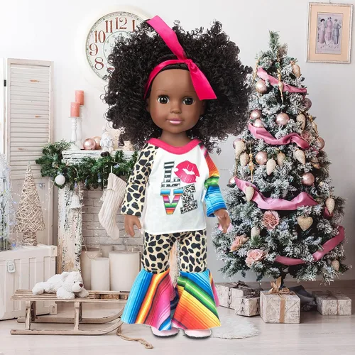 Miniatura 5 de XFEYUE Muñeca negra de 14.5 pulgadas y 2 juegos de accesorios de ropa, muñeca afroamericana para bebé, incluye gafas, cámara, bolsa y zapatos