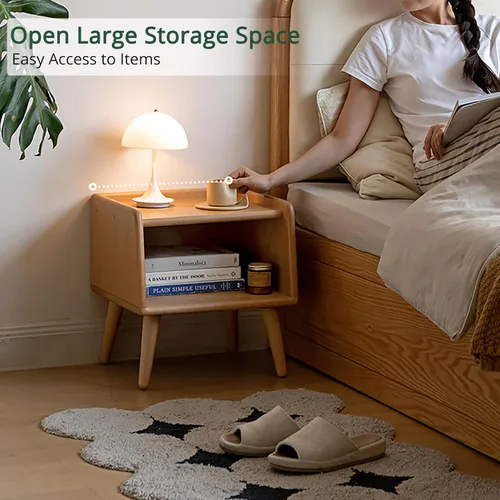 Miniatura 7 de Mesita de noche de madera maciza 100% natural con almacenamiento abierto, elegante mesita de noche moderna de mediados de siglo para dormitorio, 2