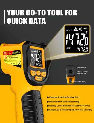 Miniatura 4 de NJTY Pistola Termómetro Infrarrojo, -58℉ a 1472℉, Alta Precisión, Sensor de Temperatura Láser Sin Contacto con Pantalla LCD Retroiluminada