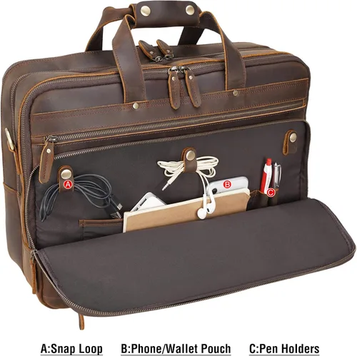 Miniatura 4 de Maletín grande de cuero para hombres de 18 pulgadas de grano completo para laptop, bolsa de mensajero para portátil de 17.3 pulgadas, marrón oscuro