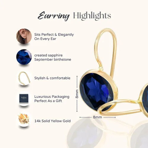 Miniatura 60 de 14k Solid Yellow Gold Gemstone Earrings - Birthstone Earrings - 8mm Dangle Earrings, Dainty Gemstones Earrings, Bridal Handmade Wedding Jewelry Gift