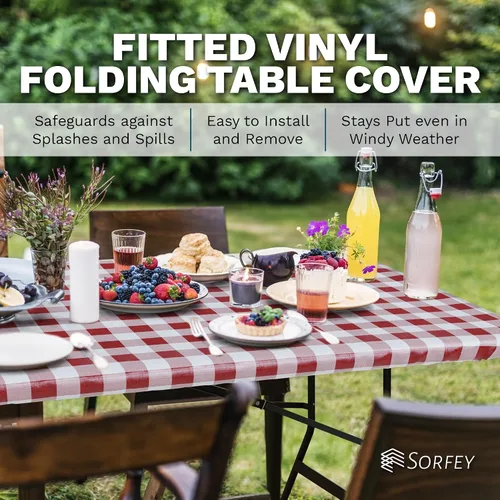 Miniatura 4 de Sorfey Mantel ajustado con elástico, vinilo con parte trasera de franela, se adapta a mesa de 24 x 48 pulgadas, rectangular, a prueba de agua, fácil