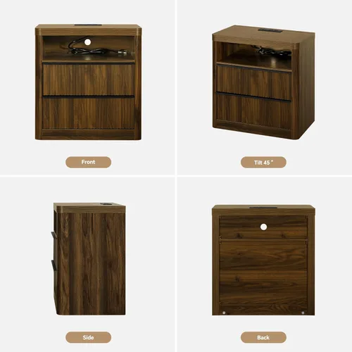 Miniatura 9 de Juego de 2 mesitas de noche acanaladas con cajón, mesita de noche grande y moderna con puerto USB y tomacorriente, mesita de noche de mediados