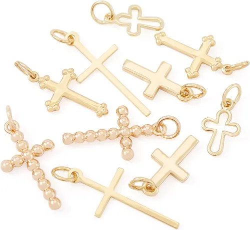 Miniatura 8 de Craftdady 10 colgantes de cruz dorada, collar de metal de latón, colgantes de cruz de religión, pulsera pequeña, aretes colgantes de 0.472-0.906 in