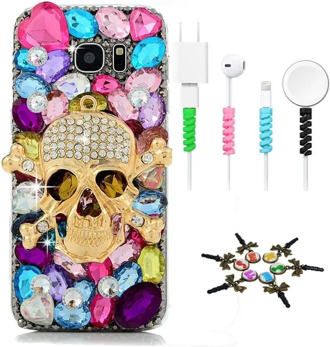 Miniatura 6 de Sparkle Funda compatible con Samsung Galaxy J2 Prime – Elegante funda 3D hecha a mano con diseño de calavera grande con protector de cable