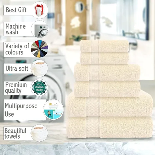 Miniatura 7 de Juego de toallas de baño de lujo - 100% algodón - 2 toallas de baño, 2 toallas de mano y 2 toallas pequeñas - Grandes, gruesas, esponjosas, Crema