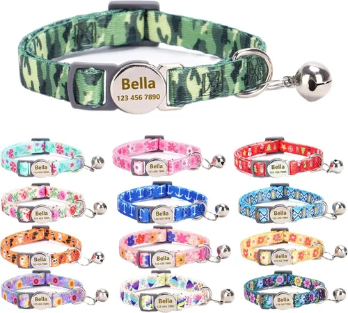 Miniatura 7 de Collar de gato con nombre de identificación, placa de número de teléfono, patrón floral grabado personalizado, collar de gatito con campana, azul a