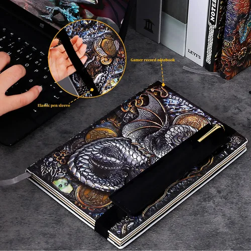 Miniatura 2 de FEIDIAO Cuaderno vintage de cuero en relieve Flying Dragon DND, diario de viaje A5 diario con bolígrafo y funda para bolígrafo, diario de piel