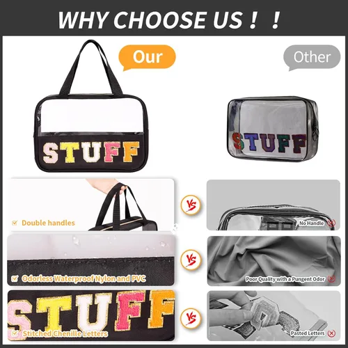 Miniatura 5 de Eurovicky Bolso de Maquillaje Transparente con Letras de Chenilla, Bolsa de Maquillaje de Nailon Preppy con Asa y Cremallera, Bolsa de Viaje