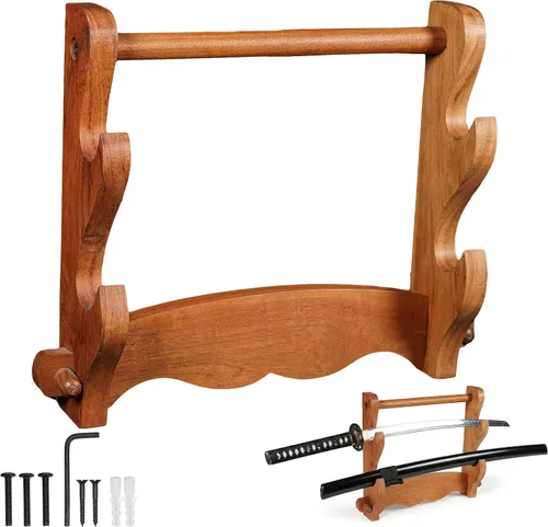 Miniatura 9 de Mythrojan Soporte de espada medieval de madera maciza horizontal para katana, samurái, gladiador, espadas cruzadas, soporte de mesa elegante, 1 nivel