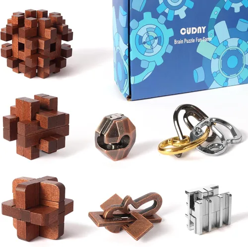 Miniatura 6 de CUDNY 7 Piezas Desbloquear Rompecabezas Interconectados de Lógica Retro de Madera y Metal Juegos de Rompecabezas de Cerebro IQ Lógica Divertido Caja