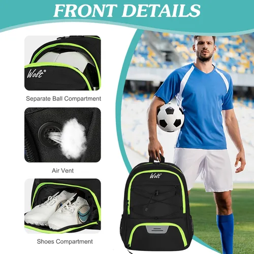 Miniatura 3 de WOLT - Mochila para balón de fútbol juvenil, bolsa deportiva con soporte para balón y compartimento para zapatos, para fútbol, fútbol americano