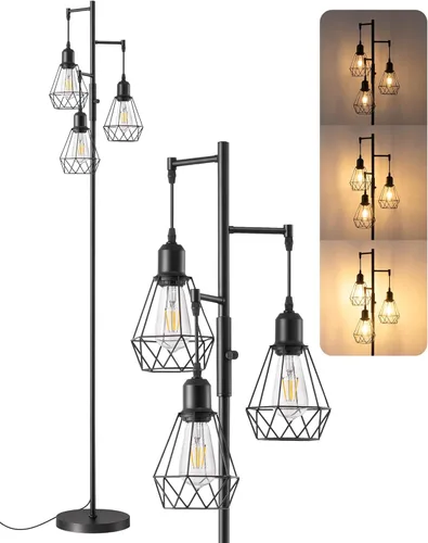 EDISHINE Lámparas de pie de granja de 70 pulgadas para sala de estar, lámparas industriales de pie altas regulables, 3 bombillas LED Edison Negro