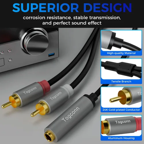 Miniatura 3 de Cable de audio de 0.250 in a 2RCA, 0.250 in 1/4 pulgadas hembra TRS a estéreo Dual RCA macho y divisor de audio, cable adaptador de audio chapado