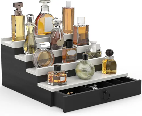 Miniatura 10 de Organizador de colonia upcessory para hombres, organizador de perfume de madera negra de 4 niveles con cajón forrado de fieltro y compartimento