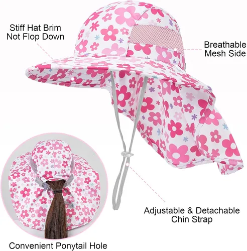 Miniatura 37 de Sombrero de sol para niños, protección UV, unicornio, verano, playa, jugar con ala ancha, solapa para el cuello para niñas y niños