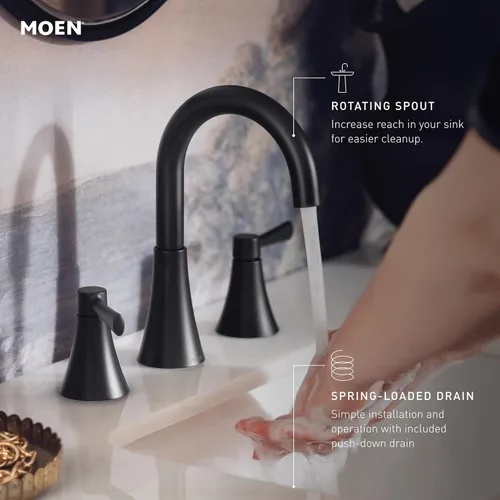 Miniatura 6 de Moen Ronan Grifo de baño moderno extendido de dos manijas negro mate, válvula incluida, 84023BL