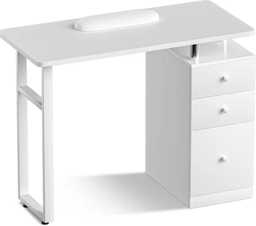 Mesa de manicura, mesa de uñas, estación de mesa de uñas, resistente a acetona, cojín de muñeca, 3 cajones y 2 gabinetes