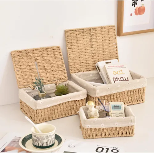 Miniatura 7 de Cestas de almacenamiento con tapas, juego de 3, cestas de mimbre tejidas anidables, cestas decorativas con tapa para estantes, dormitorio, baño