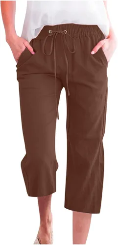 Miniatura 28 de Ceboyel Pantalones capri para mujer para verano, cintura elástica, pantalones de yoga, con cordón, pantalones de lino, pantalones de entrenamiento