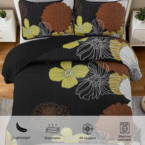 Miniatura 4 de Anibedding Juego de edredón tamaño Queen, colcha floral negra tamaño Queen, juego de colcha de flores bohemias con 2 fundas, juego de edredón de 3