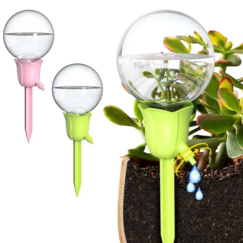 NiHome 2 piezas de globos de riego automático para plantas de interior y exterior, bombillas de riego por goteo automático ajustables con estacas de