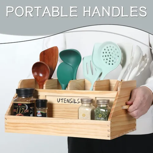 Miniatura 4 de Innovation Soporte para utensilios de cocina para encimera con 5 compartimentos, organizador de utensilios con asas, soporte de utensilios de madera