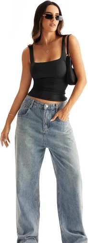 Miniatura 5 de Eachyes Camiseta sin mangas con cuello cuadrado y doble forro para mujer, con espalda baja