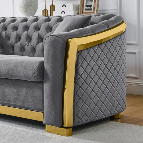 Miniatura 6 de KEIKI Sofá Chesterfield de terciopelo de lujo de gran tamaño de 81 pulgadas con decoración de acero inoxidable dorado, sofá de 3 plazas